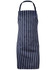A navy blue butcher's apron with white stripes and an adjustable neck strap, featuring a logo.