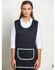 A navy ladies' smock with a white trim and a front pocket, worn over a white collared shirt.