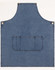 Denim bib apron in blue with a front pocket and metal snaps, featuring a logo.