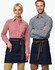 Denim half aprons in dark blue featuring brown ties, displayed on a male and female model wearing checkered shirts.