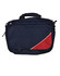 A navy blue satchel/shoulder bag with a red accent and a logo, featuring multiple compartments and a carry handle.