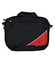 A black flap satchel/shoulder bag with a red accent and a logo on the front. It features handles and strap attachments.