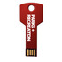 A red key-shaped USB flash drive with a metallic finish and a logo. It has a capacity of 4GB.