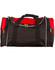 A red and black duffle bag with sturdy handles and a zippered main compartment, featuring a logo.