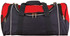 A navy and red duffle bag with black straps and zippers, featuring a logo on the front.