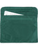 A green satchel with two pockets, featuring a velcro closure and documents inside. It has a simple, minimalist design.