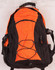 An orange and black backpack with adjustable straps and a branded logo. Features a mesh pocket and bungee cord detailing.