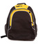 A black and yellow backpack featuring mesh side pockets and a logo on the front.