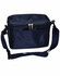 A dark navy 6 can cooler bag with a zippered closure and adjustable shoulder strap. It features a front pocket and has a logo.