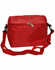 A red cooler bag with a zippered top and an adjustable strap, featuring a front pocket and a logo.