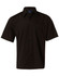 A black short sleeve button-up business shirt with a pocket and a collar, featuring a logo.