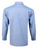 A blue men's chambray long sleeve button-up shirt, featuring a classic collar and buttoned cuffs.