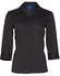 A black women's Teflon executive 3/4 sleeve button-up shirt with a collar and buttons down the front.