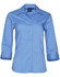 A blue women's button-up shirt with a Teflon finish and 3/4 sleeves, featuring a collar and buttons.
