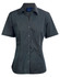 A dark grey short sleeve button-up shirt with a collar and a front button closure, featuring a logo.