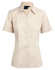 A short sleeve button-up shirt in a light beige colour, featuring a collar and a logo on the tag.