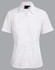 A white short sleeve button-up shirt with a fitted design and a collar, featuring a logo.