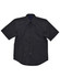 A short sleeve black button-up shirt featuring a chest pocket and a logo on the collar.