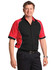 A button-up shirt featuring a tri-colour design in black, red, and white, with a logo on the chest.