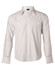 A long sleeve, button-up shirt in white with subtle vertical stripes and a pocket on the front.