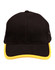 A blue cap with a yellow trim and eyelets, featuring a curved peak and an adjustable strap at the back.