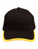 A black cap with a yellow trim and a logo on the front. It features a structured design and a curved brim.