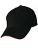 A black cap with a curved brim and a red trim, featuring a logo on the side.
