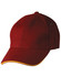A maroon cap with a curved brim and yellow trim, featuring a logo on the front.