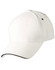 A white cap with a curved brim and a detailing stripe, featuring a logo on the side.
