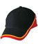 A cap in black, red, and yellow with a logo. Features a structured design and curved peak.