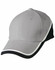 A cap featuring a tri-colour design in grey, black, and white with a logo.
