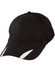 A black cap with a mesh back and white trim detailing, featuring a logo branding.