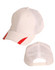 A white cap with red trim and mesh panels, featuring a branded logo on the back.