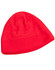 A red fleece beanie with a snug fit and a simple design. It features a branding logo.