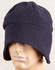 A dark navy beanie with ear covers displayed on a mannequin head. The fabric appears soft and fleece-like.