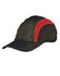 A black and red foldable cap featuring a logo. The cap has a curved brim and a sporty design.