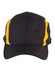 A black cap with yellow stripes and a branding logo, featuring a foldable design.