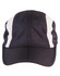 A black foldable cap featuring white stripes, designed for headwear use. It has a logo on it.