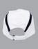 A white cap with navy accents at the back, featuring an adjustable strap and branding.