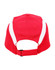 A red cap with white panels and an adjustable strap at the back. It features a branding logo.