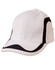 A white cap with black accents and a logo, featuring a curved visor and a structured design.