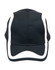 A black cap with white accents and a logo, featuring a structured design and curved brim.