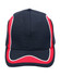 A navy cap with red and white accents and a logo on the front. Ideal for promotional use.