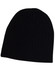 A black cable knit beanie featuring a ribbed texture and a simple design, with a logo present.