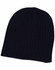 A navy cable knit beanie with a ribbed texture, featuring a logo on one side.