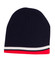 A navy beanie with contrasting white and red stripes at the bottom and a logo on the side.