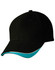 A black cap with a turquoise peak and piping, featuring a logo on the front.