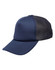 A navy blue trucker cap with a solid front and mesh back panel, featuring a curved brim and a branding logo.