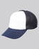A trucker cap featuring a navy blue front and white mesh side panels, designed for breathable comfort.