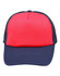 A red and navy trucker cap with a mesh back and a curved brim. It features a branding logo on the front.